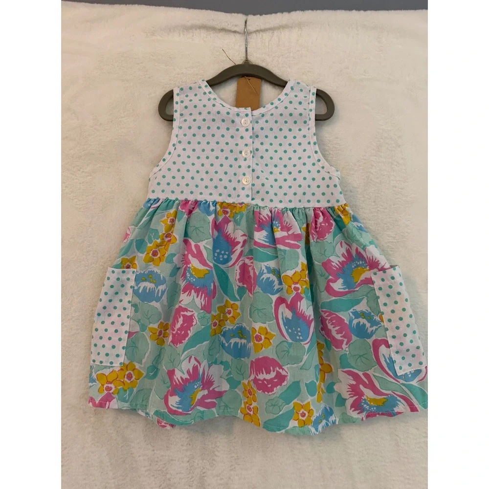 Vintage Cuties By Judy Girls Floral Polka Dot Bow Dress Size 4 Multicolor Pocket